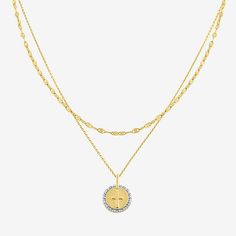 This 2-piece necklace set by Yes, Please! is a chic jewelry duo that will finish your outfits in style. Crafted from 14K Yellow Gold Over Silver, the set includes a classic cable chain necklace and a pendant necklace with an embossed cross design, surrounded by a layer of round-cut genuine diamonds. Wear each necklace standalone or together for an on-trend look.# Pieces In Set: 2Features: Religious Jewelry, In A Gift Box, Coin JewelryDiamond Clarity: I3Jewelry Closure: Spring Ring ClaspSetting: Yellow Gold Layered Necklace Gift, Elegant Yellow Gold Layered Necklace As Gift, Gold Tarnish-resistant Necklace As A Gift For Her, Tarnish-resistant Gold-plated Layered Necklace For Gift, 14k Gold Necklace With Our Lady Of Guadalupe, Christian Cross Necklace, Turtle Pond, Horseshoe Necklace, Cable Chain Necklace