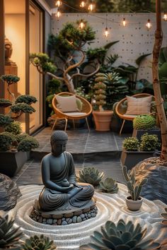 a buddha statue sitting in the middle of a garden with succulents and potted plants