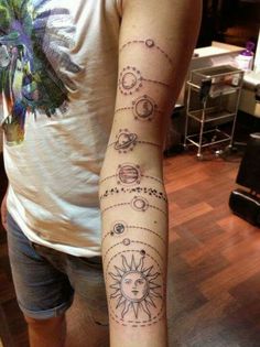 a person with a tattoo on their arm that shows the sun and planets in space