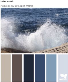 an ocean scene with waves crashing on the rocks and blue sky in the background, along with color swatches