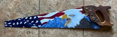 Acrylic painting on 26 inch antique refurbished saw Chainsaw Art, Saws, Chainsaw, Art Ideas, Unique Jewellery, American Eagle