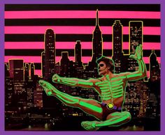 a painting of a man in neon green and black with his legs spread wide out