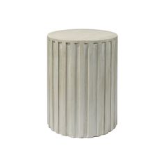 a white round table with vertical lines on the top and bottom, sitting in front of a white background