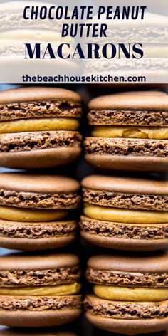 chocolate peanut butter macarons stacked on top of each other with the title above it