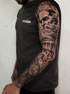 Full greek mythology tattoo sleeve Greek Mythology Zeus Tattoo, Greek God Bicep Tattoo, Greek Realism Tattoo Sleeve, Greek And Norse Mythology Tattoos, Men’s Greek Tattoo Sleeve, Men’s Greek Mythology Tattoos, Greek Mythology Tattoos Sleeve Zeus, Sleeve Tattoos For Guys Greek Mythology, Greek God Arm Tattoo