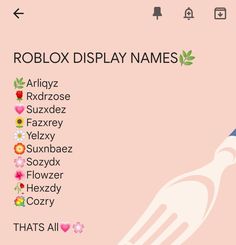 a pink background with the words roblox display names and an image of a fork