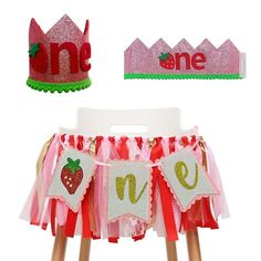 1st Birthday Highchair Banner and Felt Hat Pack, One high Chair Banner First Birthday Party Baby Shower Decorations Packaging: 1pcs Felt Hat, 1pcs Baby Shower Highchair Banner Color: Red. Strawberry Garland, Sweet First Birthday, First Birthday Banner