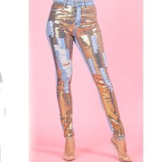 Stylish Sequin Embellished Distressed Denim Jeans - Available In Size(S) S, M & L! - Available In Gold, Pink And Turquoise! Sequin Denim Bottoms For Spring, Fitted Denim Jeans For Party, High-waist Embellished Jeans For Spring, Spring High Waist Embellished Jeans, Embellished Fitted Jeans For Fall, Trendy Embellished Spring Jeans, Trendy Party Jeans For Fall, Trendy Embellished Jeans For Spring, Spring Party Denim Jeans