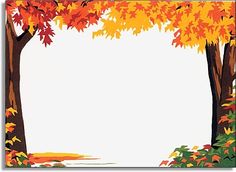 an autumn scene with trees and leaves in the foreground, on a white background