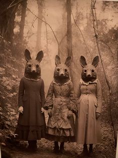 three people wearing bunny ears standing next to each other in front of some trees and bushes