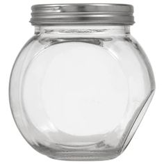 an empty glass jar with a metal lid