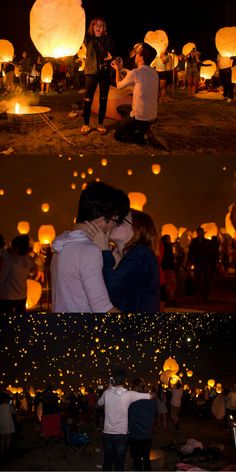 two people kissing each other in front of many lit up paper lanterns at night and on the ground