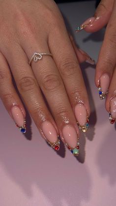 French Tip Different Color Nails, French With Gems Nails, Funky Oval Nails, Jewel French Tip Nails, Gaudy Nails, Sade Nails, Cute May Nails, Nails For Wedding Guest, Oval Nail Ideas