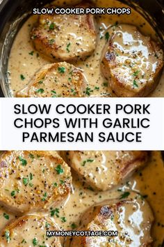 slow cooker pork chops with garlic parmesan sauce in a crock pot