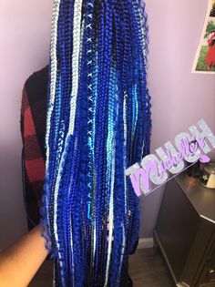 Feed In Braids Blue, Blue And Blonde Braids, Long Box Braids With Color, 3 Different Color Box Braids, Box Braids Color Ideas, Blue And Black Braids, Knotless Braids With Color, 6 Braids, Blue Braids