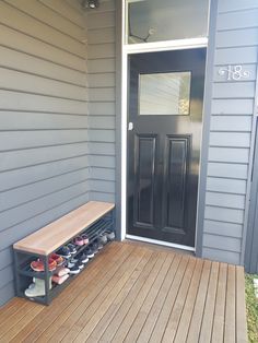 https://www.brutosteel.com/product-page/stunning-handmade-outdoor-bench-seat-with-shoe-storage Shoe Storage Porch Ideas, Shoe Rack Outdoor Ideas, Outdoor Hallway Entrance, Porch Shoe Rack, Outdoor Shoe Bench Front Porches, House Entrance With Shoe Rack, Shoes Outside Front Door Ideas, Shoe Rack Front Porch, Shoe Storage Front Porch