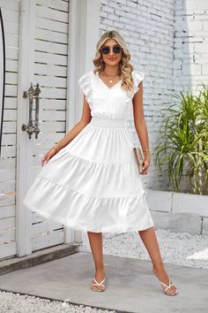 Boho Style White Midi Dress Jennifer - Dresses Boho Chic White Dress, Boho Midi Dress, White Midi, Sleeve Midi Dress, Drop Ship, Midi Dress With Sleeves, White Midi Dress, Cap Sleeve, Boho Dress