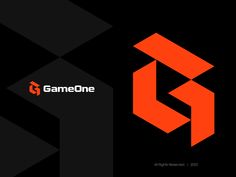 an orange and black logo with the word gameone on it's left side