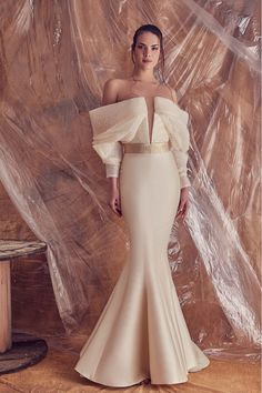 Description Beige Mermaid, Long dress Puffed, Long Sleeves Open neckline Off shoulder Tulle, Mikado Dry Clean Made in Lebanon SKU GA-5148 Mermaid Cut Gown, Beige Evening Dress, High Low Gown, Off Shoulder Gown, Midi Dress Style, Green Gown, Long Midi Dress, Sequin Gown, فستان سهرة