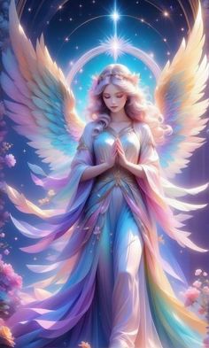 an angel standing in front of a star with her hands clasped to her chest and wings outstretched