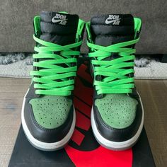 Lightly Worn, Stored In Box. Both Green And Black Laces Included. Green Leather Basketball Shoes, Green Lace-up Basketball Shoes, Green Custom Sneakers With Synthetic Material, Green High-top Jordan Shoes With Laces, Green Jordan Shoes With Laces And Round Toe, Green Jordan Shoes With Round Toe And Laces, Green Low-top Jordan Shoes, Green Nike Jordan Lace-up Shoes, Green Jordan Shoes