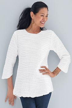 white Elegant Spring Knit Blouse, Chic Fitted Textured Knit Blouse, Chic Textured Knit Fitted Blouse, Elegant Knit Tops For Spring, Elegant Fitted White Knit Top, Textured Crew Neck Top For Layering, Elegant Textured Knit Top For Spring, Knit Textured Tops For Layering, Fitted Textured Knit Blouse For Spring