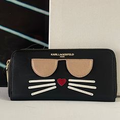 Nwt Karl Lagerfeld Large Zip Black Wallet Trendy Black Leather Wallet, Designer Black Wallet For Everyday, Designer Black Everyday Wallet, Trendy Black Everyday Wallet, Trendy Black Bag With Rfid Blocking, Karl Lagerfeld Choupette, Karl Lagerfeld Bags, Lanyard Wallet, Cat Wallet