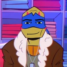 a cartoon character wearing a blue mask and brown jacket