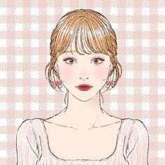 a drawing of a woman with blonde hair and bangs, wearing a white top on a checkered tablecloth background