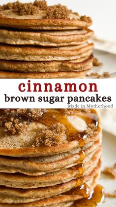 cinnamon brown sugar pancakes stacked on top of each other