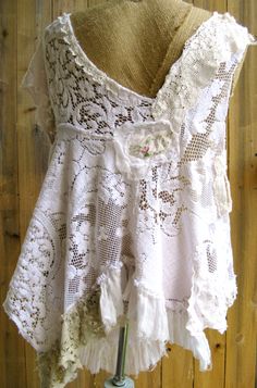 Gypsy Swan hand pieced tunic Upcycled Doilies, Repurposed Clothing, Altered Couture, Altering Clothes, White Blouse, Hippie Style