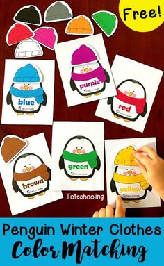 penguin winter clothes color matching game for kids to practice their colors and counting with free printables