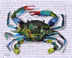 a crab made out of paper with words written in the middle and colorful crabs on it's back