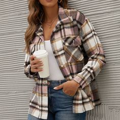 Winter Plaid Shirt Jacket for Women Checkered Jacket Coat Casual Long Sleeve Thick Overshirt Outerwear Plaid Cotton Long Sleeve Outerwear, Single Breasted Casual Collar Outerwear For Fall, Fall Single-breasted Casual Collar Outerwear, Fall Single-breasted Outerwear With Casual Collar, Plaid Long Sleeve Outerwear For Fall, Casual Plaid Outerwear With Casual Collar, Casual Collar Plaid Cotton Outerwear, Plaid Long Sleeve Outerwear With Button Closure, Plaid Cotton Outerwear With Casual Collar