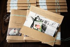 several brown envelopes with wedding photos attached to them and twine on top of each other