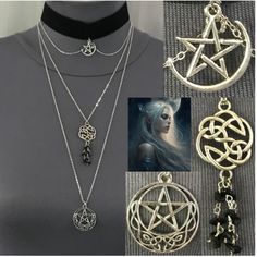 Love To Layer Your Pagan, Celtic, And Wiccan Necklaces? Get That Layered Look, All In One Convenient Piece, With This Handmade 3-Layered Necklace That Has It All! The Top Layer Of This Necklace Features A Silver Pentagram Over A Crescent Moon Charm With Draping Silver Chains Hanging From A 1-Inch Thick Black Velvet Choker. The Second Layer Consists Of A Celtic Knot Dreamcatcher Pendant With Dangling Black Spinel Nugget Chips On A Silver Chain. The Third Layer Has A Encircled Pentacle Pendant Tha Handmade Black Witchy Necklace, Witchy Black Choker Necklace, Triple Moon Goddess Necklace, Pagan Jewelry Moon Goddess, Wicca Necklace, Celtic Moon, Gothic Jewelry Diy, Wiccan Necklace, Pagan Necklace