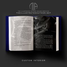 an open book with the title'custom interior'in black and white, on a dark background