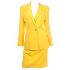 White Skirt Suit, Yellow Long Sleeve Dress, Suits Outfits, Versace Pink, Yellow Suit, Yellow Blazer, Yellow Skirt, Woman Suit Fashion, Striped Jacket