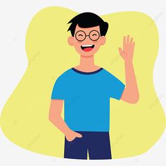 a man with glasses is waving his hand in front of the camera, cartoon character png