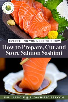 Slices of salmon sashimi arranged on a brown plate decorated with shiso leaves and chrysanthemum flowers Salmon Sashimi, Japanese Chef, Fish Recipes, Breakfast Lunch, Recipe Ideas, Seafood