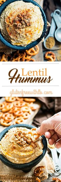 the cover of lentil and hummus with pretzels in the foreground