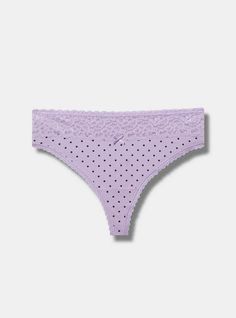 FIT Mid-rise. . Minimal coverage. . MATERIALS + CARE Cotton-blend knit fabric. 95% cotton, 5% spandex. Machine wash cold. Dry low. Imported. DETAILS Scalloped wide lace waistband. Dotted print. The best plus size women's cotton mid-rise thong panty panties in miranda dot lilac breeze made of cottonspan. Rock your look from Torrid to Festivals like Coachella and Lollapalooza, a concert, a show, or just for fun! Cheap Purple Brief Bottoms, Cheap Lavender Women's Intimates, Cheap Stretch Purple Intimates, Lavender Fitted Intimate Briefs, Micro-elastic Solid Color Brief Bottoms, Swim Jewelry, Disney Leggings, Shoes For Leggings, Shopping Day