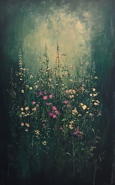 a painting of wildflowers on a green background