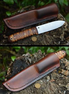 two different views of a knife on top of a tree stump