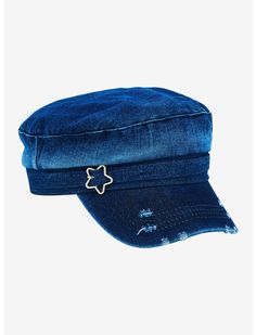 Blue Denim Star Buckle Cadet Hat | Hot Topic Blue Accessories Aesthetic, Brando Hat, Blue Objects, Star Clothes, Aesthetic Hats, Space Accessories, Teal Hat, Star Hat