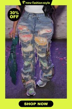 knowfashionstyle Casual Patchwork Hollowed Out Mid Waist Straight Denim Jeans (Subject To The Actual Object) Tattered Jeans, Hippie Jeans, Straight Denim Jeans, Custom Jeans, Patched Jeans, Fashion Gallery, Cute Everyday Outfits, Wholesale Fashion, Birthday Outfit