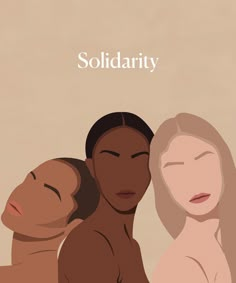 three nude women with the words solidarity above them, and one woman's face is partially obscured by her hair