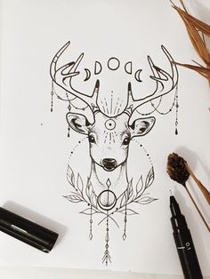 a pen and ink drawing of a deer's head with arrows on the forehead