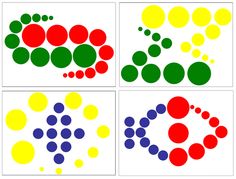 four different colored circles on white paper with red, green and blue dots in them