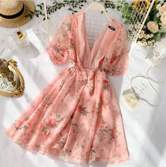 Korean Fashion Dress Elegant, Mode Pastel, فستان زهري, Floral Print Chiffon Dress, Chiffon Dress Short, Chiffon Summer Dress, Floral Print Chiffon, Korean Fashion Dress, Popular Dresses